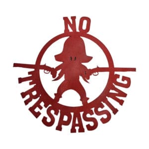 A red metal sign with an image of a person holding guns.