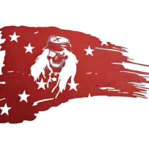 A red flag with stars and a picture of a man.