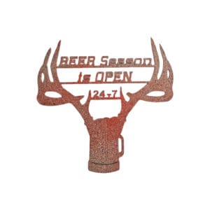 A metal deer head with the words " beer season is open 2 4 / 7 ".