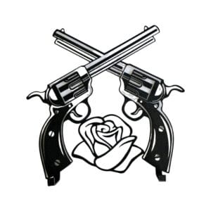 A pair of guns crossed over one another with a rose in the background.