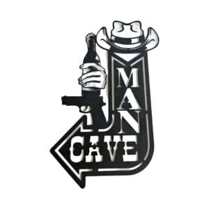 A man cave sign with guns and a cowboy hat.