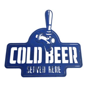 A blue sign that says cold beer served here.