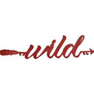 A red metal sign that says wild with an arrow.
